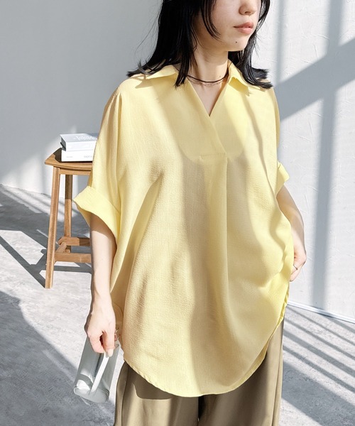 reca（レカ）の「エンボス加工スキッパーブラウス（シャツ/ブラウス・レディース・アイボリー/イエロー/ネイビー/ミント/ブラック/ホワイト/ブルー系その他/グレー系その他・M）」の8枚目の写真
