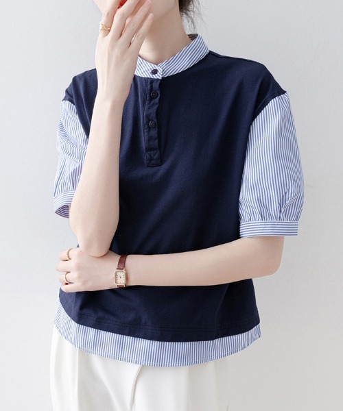 ReRe(リリ)の「重ね着風ストライプ切替ブラウス(シャツ/ブラウス・レディース・ネイビー・MEDIUM/LARGE/X-LARGE)」の2枚目の写真