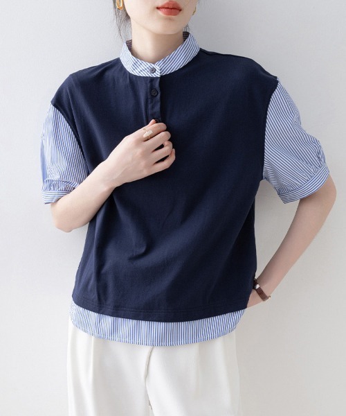 ReRe(リリ)の「重ね着風ストライプ切替ブラウス(シャツ/ブラウス・レディース・ネイビー・MEDIUM/LARGE/X-LARGE)」の5枚目の写真