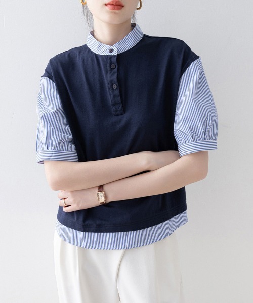 ReRe(リリ)の「重ね着風ストライプ切替ブラウス(シャツ/ブラウス・レディース・ネイビー・MEDIUM/LARGE/X-LARGE)」の10枚目の写真
