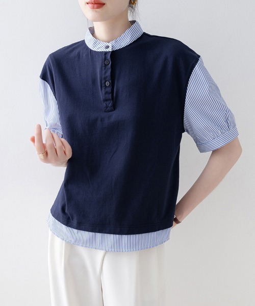 ReRe(リリ)の「重ね着風ストライプ切替ブラウス(シャツ/ブラウス・レディース・ネイビー・MEDIUM/LARGE/X-LARGE)」の11枚目の写真