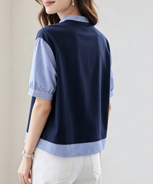 ReRe(リリ)の「重ね着風ストライプ切替ブラウス(シャツ/ブラウス・レディース・ネイビー・MEDIUM/LARGE/X-LARGE)」の12枚目の写真
