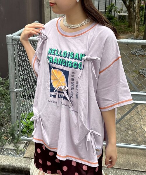 バタコさんが好き未使用タグPAPAS+刺繍入ヘンリ半袖シワ加工Mパープル系 セール】【HELLO.SANFRANCISCO/ハローサンフランシスコ】タックリボン