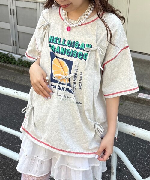 HELLO.SANFRANCISCO（ハローサンフランシスコ）の「【HELLO.SANFRANCISCO/ハローサンフランシスコ】タックリボンプリント半袖TEE（Tシャツ/カットソー・レディース・グレー/アイボリー/パープル・ONE SIZE）」の16枚目の写真