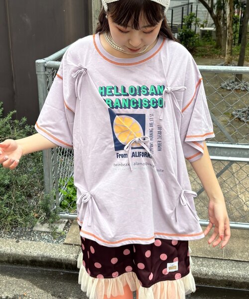 HELLO.SANFRANCISCO（ハローサンフランシスコ）の「【HELLO.SANFRANCISCO/ハローサンフランシスコ】タックリボンプリント半袖TEE（Tシャツ/カットソー・レディース・グレー/アイボリー/パープル・ONE SIZE）」の4枚目の写真