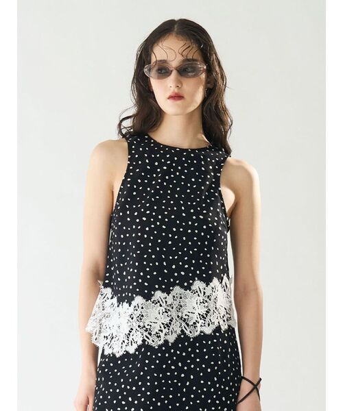 LAGUNAMOON（ラグナムーン）の「ストライプドットレースアメスリアシメブラウス　【セットアップ対応】【夏服】（シャツ/ブラウス・レディース・ブルー/ブラック・FREE）」の2枚目の写真