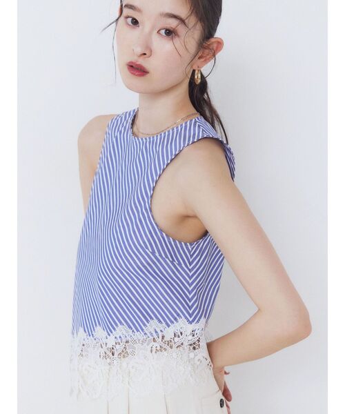 LAGUNAMOON（ラグナムーン）の「ストライプドットレースアメスリアシメブラウス　【セットアップ対応】【夏服】（シャツ/ブラウス・レディース・ブルー/ブラック・FREE）」の7枚目の写真