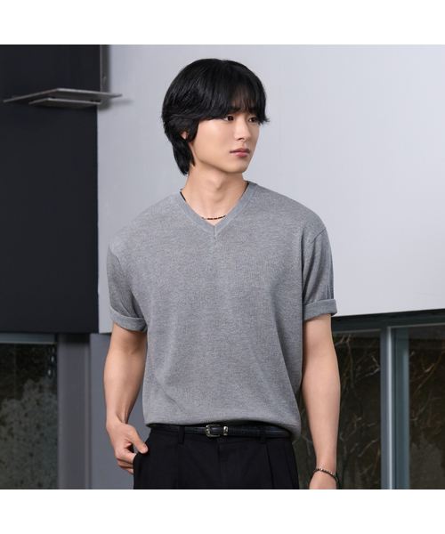 HYOJI(ヒョージ)の「26 SS ウォッシャブルリネンVネッククロップニット(6カラー)(ニット/セーター・メンズ・ブラック/チャコール/グレー/ネイビー/クリーム/レッド・M/L/XL)」の2枚目の写真