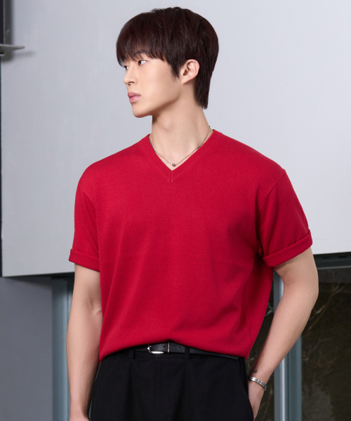 HYOJI(ヒョージ)の「26 SS ウォッシャブルリネンVネッククロップニット(6カラー)(ニット/セーター・メンズ・ブラック/チャコール/グレー/ネイビー/クリーム/レッド・M/L/XL)」の14枚目の写真