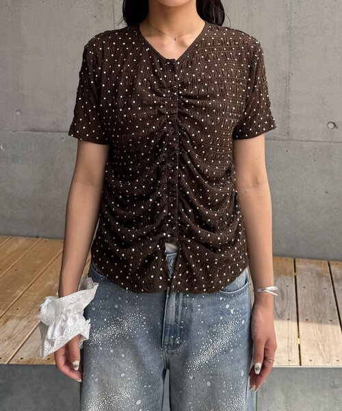 CIAOPANIC(チャオパニック)の「フロントシャーリングドット柄トップス(Tシャツ/カットソー・レディース・ホワイト/ブラウン・FREE)」の12枚目の写真
