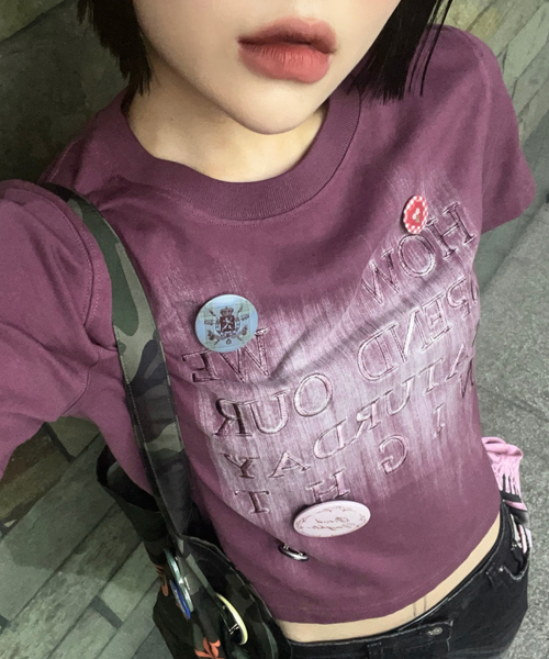 JUAN HOMME（ジュアンオム）の「ウィメンズクロップブラシフェイディングハーフスリーブTシャツ（ワイン）（Tシャツ/カットソー・レディース・その他・FREE）」の6枚目の写真