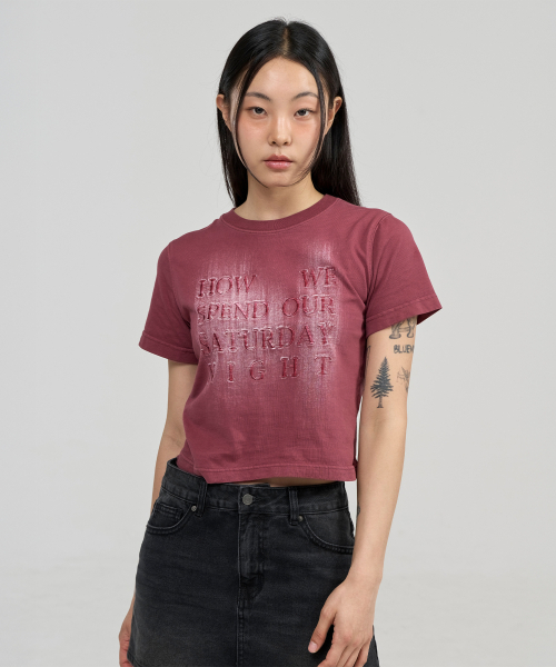 JUAN HOMME（ジュアンオム）の「ウィメンズクロップブラシフェイディングハーフスリーブTシャツ（ワイン）（Tシャツ/カットソー・レディース・その他・FREE）」の2枚目の写真