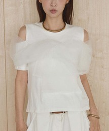 ＼胸元から袖周りのチュールが女子力UP／シアーチュールスリーブ オフショルTシャツ