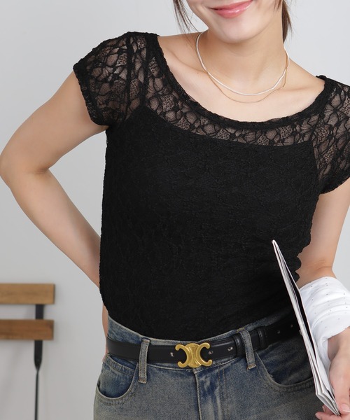 pumpkin port(パンプキンポート)の「ストレッチレース半袖カットソー(Tシャツ/カットソー・レディース・ベージュ/ホワイト・M)」の14枚目の写真