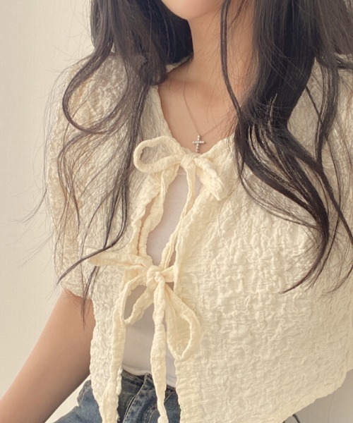FAVORITO(ファヴォリート)の「リボン半袖トップス(シャツ/ブラウス・レディース・ブラック/ベージュ/ピンク・F)」の11枚目の写真