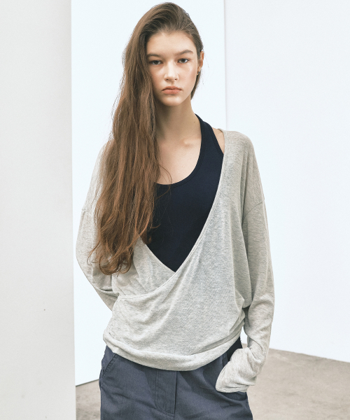 NICK&NICOLE(ニックアンドニコール)の「ディープラップVネック長袖トップス_メランジ(Tシャツ/カットソー・レディース・グレー・FREE)」の2枚目の写真
