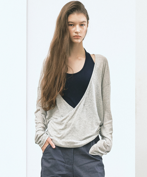 NICK&NICOLE(ニックアンドニコール)の「ディープラップVネック長袖トップス_メランジ(Tシャツ/カットソー・レディース・グレー・FREE)」の3枚目の写真