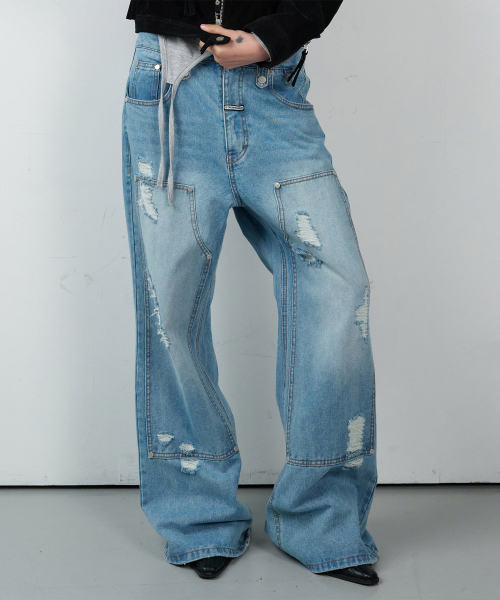 THEVINYLHOUSE(ザバイニルハウス)の「DESTROYED BOOTS CUT DENIM PANTS LIGHT BLUE(デニムパンツ・レディース・その他・SMALL/MEDIUM/LARGE)」の1枚目の写真