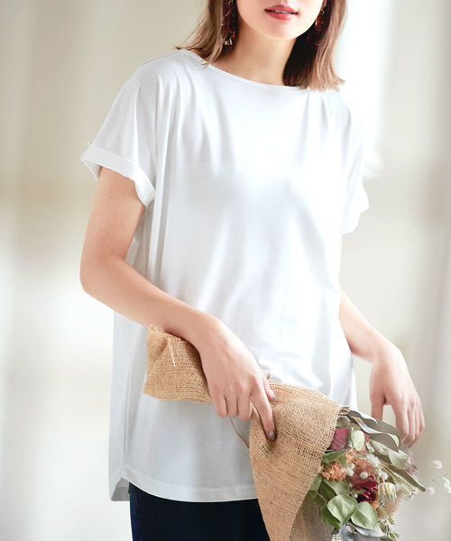 KOBE LETTUCE（コウベレタス）の「うるおい保湿成分アルガンオイル配合☆袖ロールアップシンプルカットソーTシャツ/トップス/レディース[C3309]神戸レタス（Tシャツ/カットソー・レディース・ブラック/ネイビー/オフホワイト/グリーン/ホワイト×ブラック・FREE）」の2枚目の写真