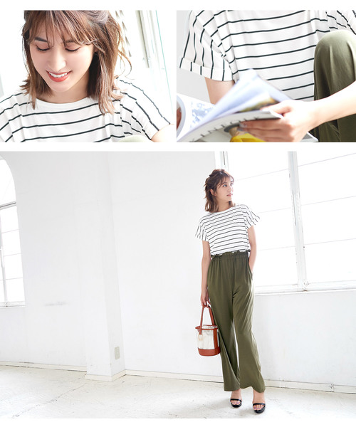 KOBE LETTUCE（コウベレタス）の「うるおい保湿成分アルガンオイル配合☆袖ロールアップシンプルカットソーTシャツ/トップス/レディース[C3309]神戸レタス（Tシャツ/カットソー・レディース・ブラック/ネイビー/オフホワイト/グリーン/ホワイト×ブラック・FREE）」の14枚目の写真