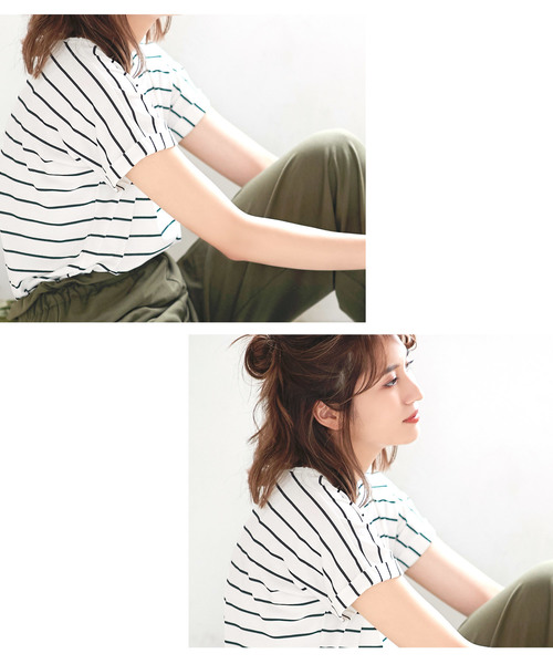 KOBE LETTUCE（コウベレタス）の「うるおい保湿成分アルガンオイル配合☆袖ロールアップシンプルカットソーTシャツ/トップス/レディース[C3309]神戸レタス（Tシャツ/カットソー・レディース・ブラック/ネイビー/オフホワイト/グリーン/ホワイト×ブラック・FREE）」の15枚目の写真
