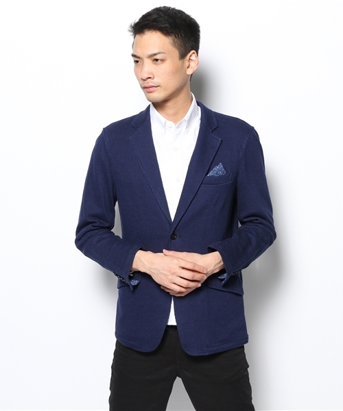 MEN'S BIGI（メンズビギ）の「ニットジャケット/コットンリネン（テーラードジャケット・メンズ・ネイビー/オフホワイト・SMALL/LARGE/MEDIUM/LL）」の2枚目の写真