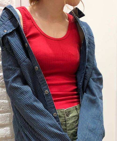 Born（ボーン）の「Born Rib Pleat Tank Top/ボーン リブ プリーツ タンク トップ（タンクトップ・レディース・ホワイト/ネイビー/レッド/オリーブ/サックスブルー/マスタード/杢グレー・FREE）」の7枚目の写真