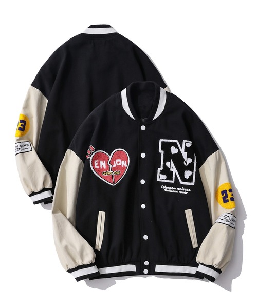 HOOK（フック）の「【HOOK】【新作】 アメカジ袖配色切り替えドッキングブルゾン ワッペン刺繍入り（スタジャン・メンズ・ブラック/レッド/グリーン・M/L/XL）」の8枚目の写真