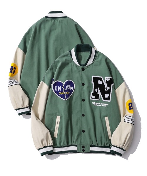 HOOK（フック）の「【HOOK】【新作】 アメカジ袖配色切り替えドッキングブルゾン ワッペン刺繍入り（スタジャン・メンズ・ブラック/レッド/グリーン・M/L/XL）」の4枚目の写真