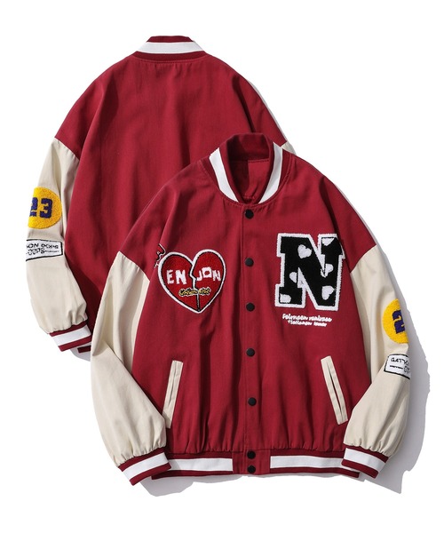 HOOK（フック）の「【HOOK】【新作】 アメカジ袖配色切り替えドッキングブルゾン ワッペン刺繍入り（スタジャン・メンズ・ブラック/レッド/グリーン・M/L/XL）」の5枚目の写真