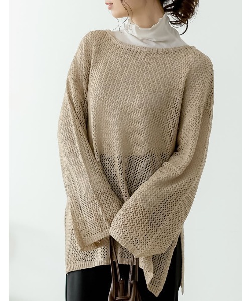 Re:EDIT(リエディ)の「透かし編みワイドスリーブメッシュニット(ニット/セーター・レディース・ブラック/オレンジ/カーキ/ベージュ・LARGE/MEDIUM)」の3枚目の写真