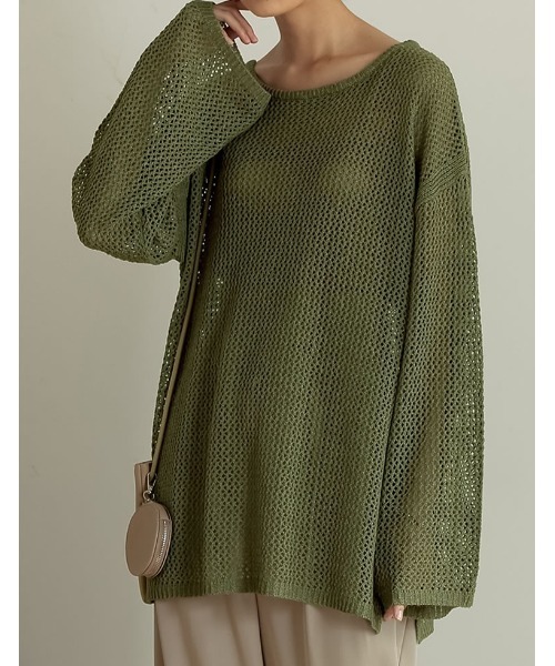 Re:EDIT(リエディ)の「透かし編みワイドスリーブメッシュニット(ニット/セーター・レディース・ブラック/オレンジ/カーキ/ベージュ・LARGE/MEDIUM)」の4枚目の写真