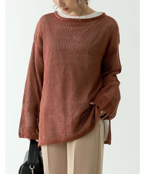 Re:EDIT(リエディ)の「透かし編みワイドスリーブメッシュニット(ニット/セーター・レディース・ブラック/オレンジ/カーキ/ベージュ・LARGE/MEDIUM)」の1枚目の写真