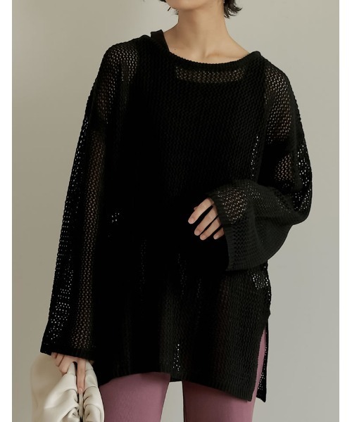 Re:EDIT(リエディ)の「透かし編みワイドスリーブメッシュニット(ニット/セーター・レディース・ブラック/オレンジ/カーキ/ベージュ・LARGE/MEDIUM)」の2枚目の写真