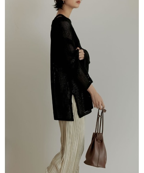 Re:EDIT(リエディ)の「透かし編みワイドスリーブメッシュニット(ニット/セーター・レディース・ブラック/オレンジ/カーキ/ベージュ・LARGE/MEDIUM)」の20枚目の写真