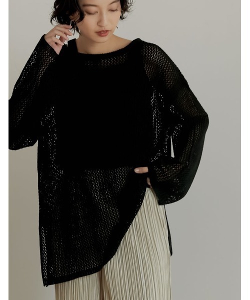 Re:EDIT(リエディ)の「透かし編みワイドスリーブメッシュニット(ニット/セーター・レディース・ブラック/オレンジ/カーキ/ベージュ・LARGE/MEDIUM)」の5枚目の写真