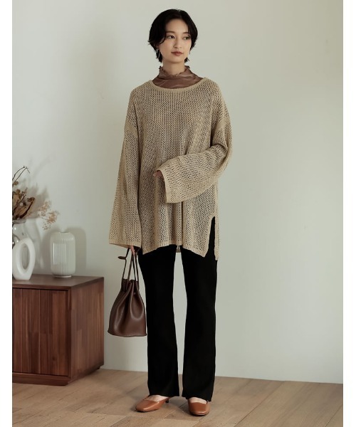 Re:EDIT(リエディ)の「透かし編みワイドスリーブメッシュニット(ニット/セーター・レディース・ブラック/オレンジ/カーキ/ベージュ・LARGE/MEDIUM)」の8枚目の写真