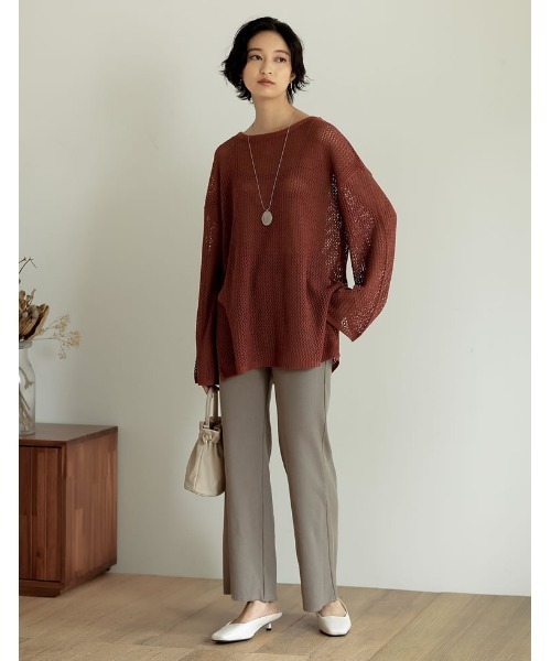 Re:EDIT(リエディ)の「透かし編みワイドスリーブメッシュニット(ニット/セーター・レディース・ブラック/オレンジ/カーキ/ベージュ・LARGE/MEDIUM)」の9枚目の写真