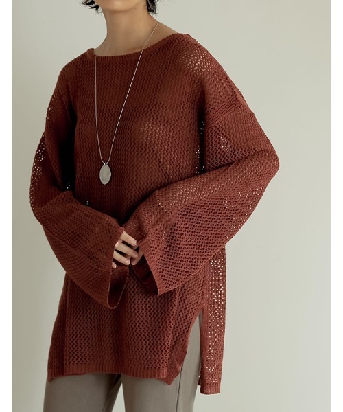 Re:EDIT(リエディ)の「透かし編みワイドスリーブメッシュニット(ニット/セーター・レディース・ブラック/オレンジ/カーキ/ベージュ・LARGE/MEDIUM)」の19枚目の写真