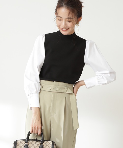 N.(N. Natural Beauty Basic)(エヌエヌナチュラルビューティーベーシック)の「◆総針長袖ドッキングニット(ニット/セーター・レディース・ブラック/ベージュ/グリーン・MEDIUM)」の1枚目の写真