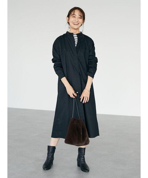 CRAFT STANDARD BOUTIQUE（クラフトスタンダードブティック）の「バンドカラーヘンリーネックワンピース　＊（シャツワンピース・レディース・ブラック/オフホワイト/モカ・FREE）」の6枚目の写真