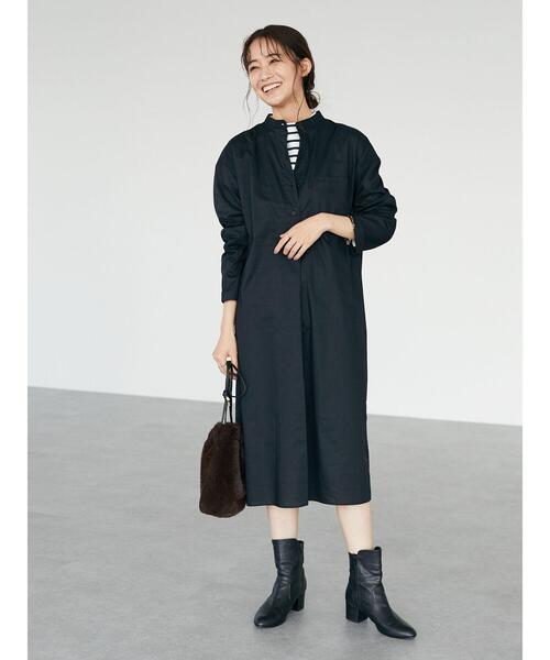 CRAFT STANDARD BOUTIQUE（クラフトスタンダードブティック）の「バンドカラーヘンリーネックワンピース　＊（シャツワンピース・レディース・ブラック/オフホワイト/モカ・FREE）」の16枚目の写真