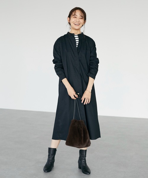 CRAFT STANDARD BOUTIQUE（クラフトスタンダードブティック）の「バンドカラーヘンリーネックワンピース　＊（シャツワンピース・レディース・ブラック/オフホワイト/モカ・FREE）」の3枚目の写真