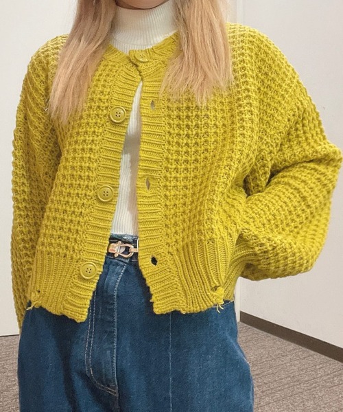 WEGO(ウィゴー)の「WEGO/2WAYダメージワッフルコンパクトカーディガン(カーディガン/ボレロ・レディース・グリーン/イエロー系その他2/ホワイト/ブラック・FREE)」の4枚目の写真