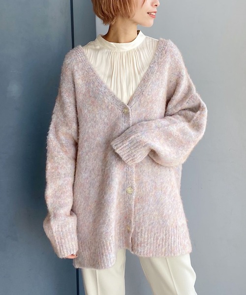 mysty woman（ミスティウーマン）の「メランジシャギーカラーカーディガン 239014（カーディガン/ボレロ・レディース・ライトグレー/グレイッシュブルー/ライトオレンジ系/イエロー/ピンク系・FREE）」の2枚目の写真