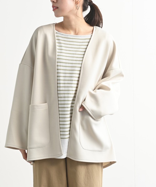 rps（アールピーエス）の「カットポンチミドルジャケット（ノーカラージャケット・レディース・ブラック/アイボリー/グレイッシュベージュ・M）」の2枚目の写真