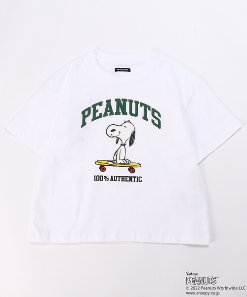FREAK'S STORE(フリークスストア)の「WEBオリジナル PEANUTS 別注 ビッグシルエット アーチロゴ プリントTシャツ/カレッジロゴ/スヌーピー(Tシャツ/カットソー・キッズ・ホワイト/グレー/ブラック/グリーン/サックスブルー・120/140/130/150)」の22枚目の写真