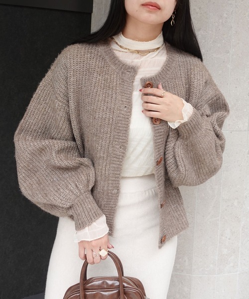 CORNERS(コーナーズ)の「ミックスニットボリュームスリーブショートカーディガン(カーディガン/ボレロ・レディース・アイボリー/モカ/スミクロ・M)」の6枚目の写真