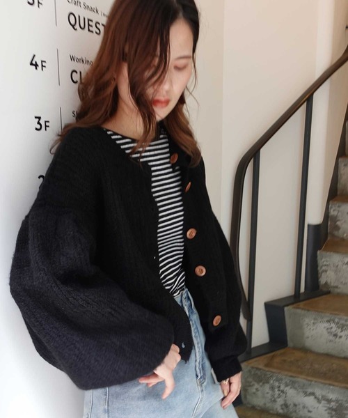 CORNERS(コーナーズ)の「ミックスニットボリュームスリーブショートカーディガン(カーディガン/ボレロ・レディース・アイボリー/モカ/スミクロ・M)」の19枚目の写真