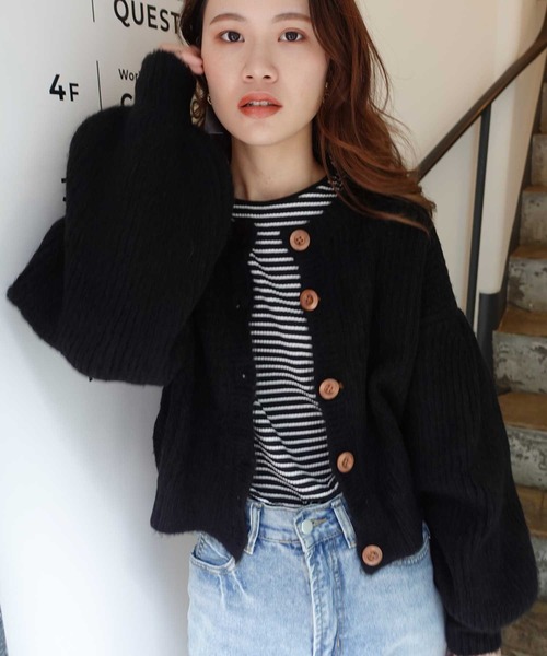 CORNERS(コーナーズ)の「ミックスニットボリュームスリーブショートカーディガン(カーディガン/ボレロ・レディース・アイボリー/モカ/スミクロ・M)」の18枚目の写真